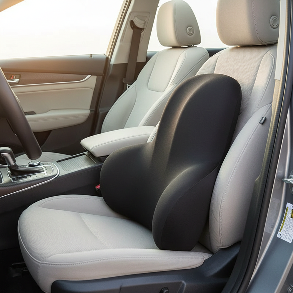 Car seat with a black seat cover in a vehicle interior